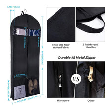 Load image into Gallery viewer, Save wanapure 60 54 43 garment bags 3 in 1 suit bag with 2 large mesh shoe pockets and accessories pocket trifold suit cover for dress coat jacket closet storage or travel set of 2 black