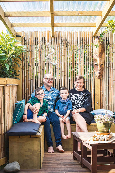 The Hopkinsons — Albert (8), Marcus, Fred (5) and Sarah — at home in Raumati, Wellington.