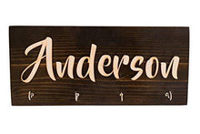 Load image into Gallery viewer, Purchase personalized wall key hanger unique custom key ring jewelry rack holder customize with your name dark rustic natural wood 4 hooks decorative kitchen garage living closet