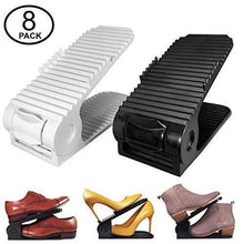 Load image into Gallery viewer, On amazon new upgraded adjustable shoes organizer best quality shoe slots closet storage space saver durable holds high heels to sneakers for men women and kid shoes 8 pack in black