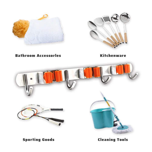 Wall Mount Mop Holder Hooks Broom Holder Garage Storage Shelves Garden Tool Organizer Rack Stainless Steel Bathroom Accessories Laundry Room Décor. (3 Rack)