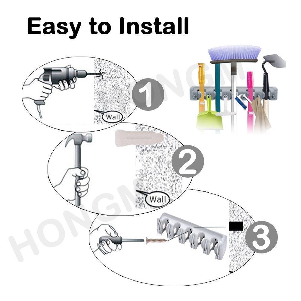 Mop and Broom Holder 5 Position with 6 Hooks Organizer Wall Mount Command and Garden Tool Organizer for Rake or Rop,Garage Storage Systems Holds up to 11 Tools Strong Grip Life-time Guarantee