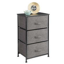 Load image into Gallery viewer, Discover the mdesign vertical dresser storage tower sturdy steel frame wood top easy pull fabric bins organizer unit for bedroom hallway entryway closets textured print 3 drawers charcoal gray black