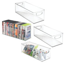 Load image into Gallery viewer, Shop here mdesign plastic stackable household storage organizer container bin with handles for media consoles closets cabinets holds dvds video games gaming accessories head sets 4 pack clear