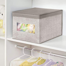 Load image into Gallery viewer, Save mdesign decorative soft stackable fabric closet storage organizer holder box clear window lid for child kids room nursery large collapsible foldable textured print 4 pack linen tan