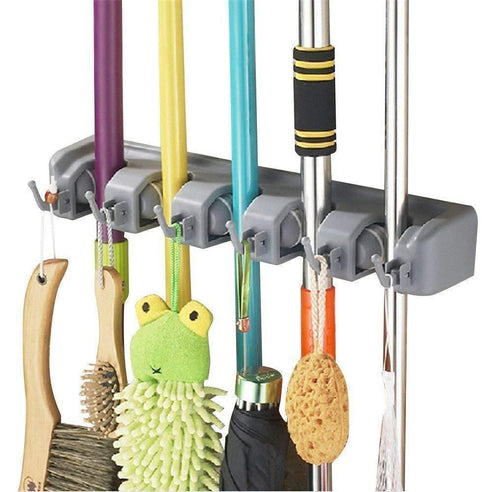 KMIKE Broom Holder, Mop and Broom Organizer Wall Mount with 5 Slots and 6 Hooks, Ideal Broom Hanger Solution for Kitchen, Garage, Warehouse.