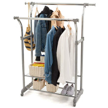 Load image into Gallery viewer, Purchase ezoware heavy duty clothes rack dual bar commercial grade garment coat clothes closet organizer hanging rack with 2 tier bottom shelves for balcony boutiques bedroom chrome finish