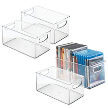 Load image into Gallery viewer, Heavy duty mdesign plastic stackable household storage organizer container bin box with handles for media consoles closets cabinets holds dvds video games gaming accessories head sets 4 pack clear
