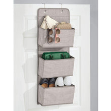 Load image into Gallery viewer, Shop here mdesign a568 soft fabric over the door hanging storage organizer with 3 large pockets for closets in bedrooms hallway entryway mudroom hooks included textured print 2 pack linen tan