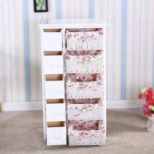 Home durable dresser storage tower 5 drawers with wicker baskets sturdy frame wood top easy pulling organizer unit for bedroom hallway entryway closet white