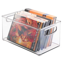 Load image into Gallery viewer, Home mdesign plastic stackable household storage organizer container bin box with handles for media consoles closets cabinets holds dvds video games gaming accessories head sets 4 pack clear