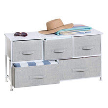Load image into Gallery viewer, Budget mdesign extra wide dresser storage tower sturdy steel frame wood top easy pull fabric bins organizer unit for bedroom hallway entryway closets textured print 5 drawers gray white