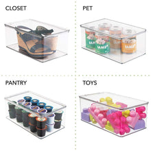 Load image into Gallery viewer, Top mdesign stackable closet plastic storage bin box with lid container for organizing childs kids toys action figures crayons markers building blocks puzzles crafts 5 high 4 pack clear