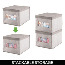 Load image into Gallery viewer, Results mdesign decorative soft stackable fabric closet storage organizer holder box clear window lid for child kids room nursery large collapsible foldable textured print 4 pack linen tan
