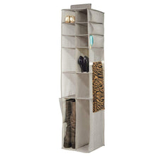 Load image into Gallery viewer, Amazon mdesign soft fabric over rod hanging closet organizer holds shoes boots handbags clutches accessories 16 section storage unit chevron zig zag print taupe natural