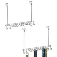 Load image into Gallery viewer, Storage mdesign metal over door hanging closet storage organizer rack for mens and womens ties belts slim scarves accessories jewelry 4 hooks and 10 vertical arms on each 2 pack chrome 1