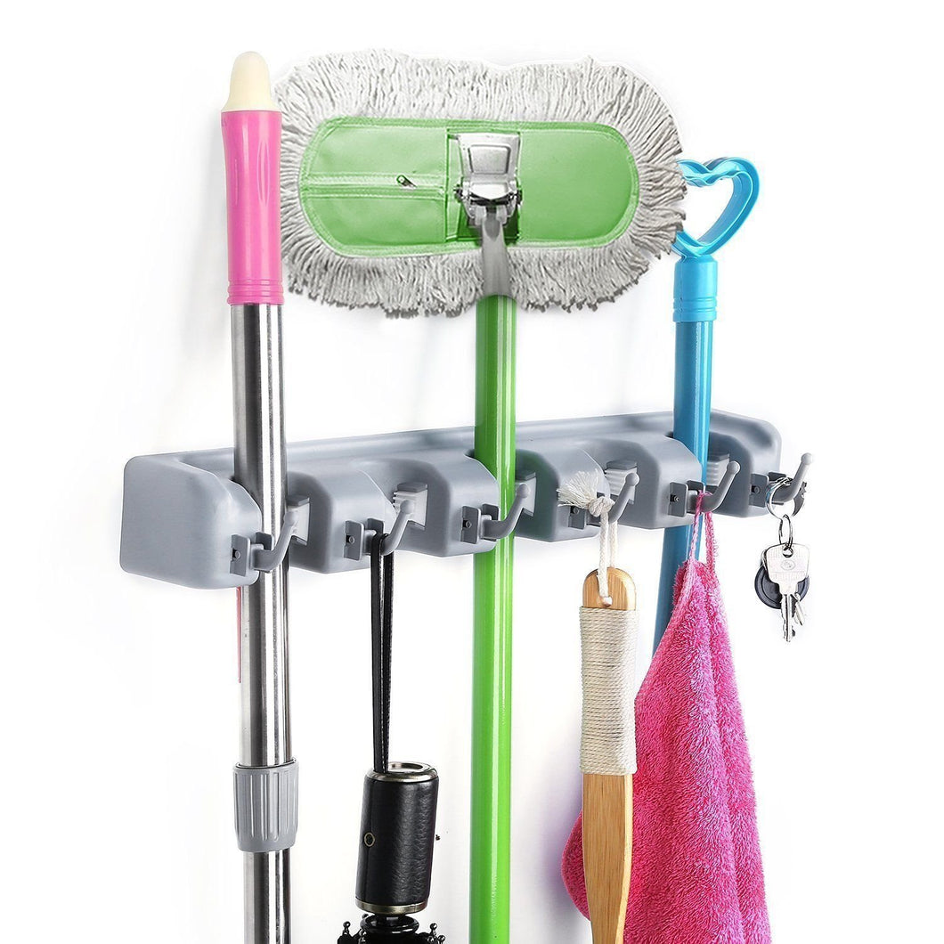 Free Walker Magic Wall Mount Mop Holder with 5 Positons and 6 Hooks,Broom Holder Hanger Brush Cleaning Tools for Home,Kitchen,Prefect for Storage and Organization (5 Postions)