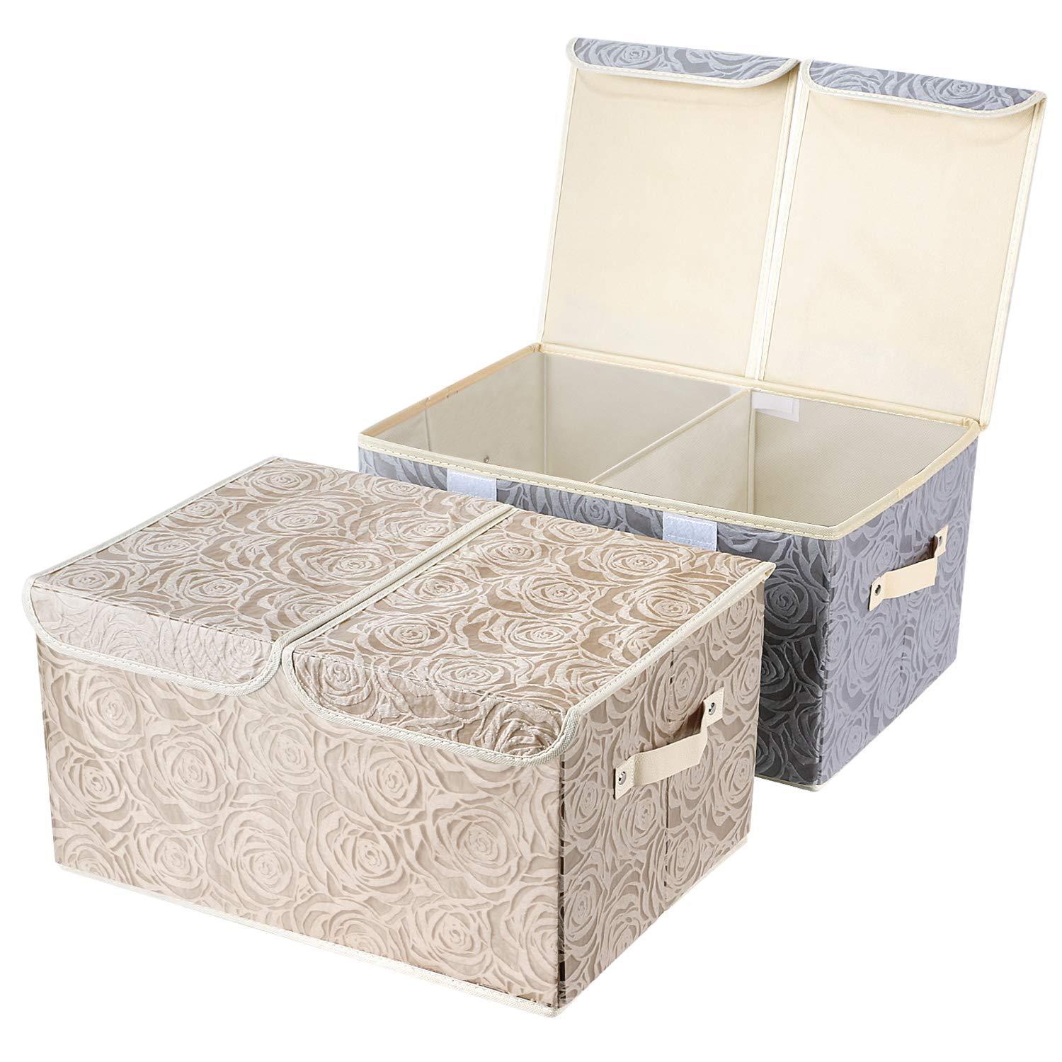 2 Pack Drawer Organization, Large Linen 2 Sections Washable Storage with Lids and Handles, Foldable Closet Organizer for Nursery, Closet ，Clothes, Toy, Home, Office, Bedroom, Grey+Khaki(18 x 9.8
