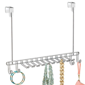 Try mdesign metal over door hanging closet storage organizer rack for mens and womens ties belts slim scarves accessories jewelry 4 hooks and 10 vertical arms on each 2 pack chrome 1