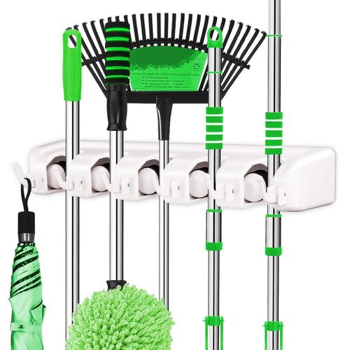LETMY Broom Holder Wall Mounted - Mop and Broom Holder - Garage Storage Rack&Garden Tool Organizer - 5 Position 6 Hooks for Home, Kitchen, Garden, Tools, Garage Organizing (White, 1 Pack)