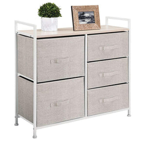 Budget mdesign wide dresser storage tower sturdy steel frame wood top easy pull fabric bins organizer unit for bedroom hallway entryway closets textured print 5 drawers linen tan