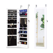 Load image into Gallery viewer, Get cloud mountain jewelry cabinet 6 leds jewelry armoire lockable wall door mounted jewelry cabinet organizer with mirror 2 drawers bedroom living room cloakroom closet white