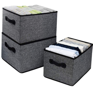 Discover homyfort cloth collapsible storage bins cubes 15 7x11 8x9 8 linen fabric basket box cubes containers organizer for closet shelves with leather handles set of 3 grey