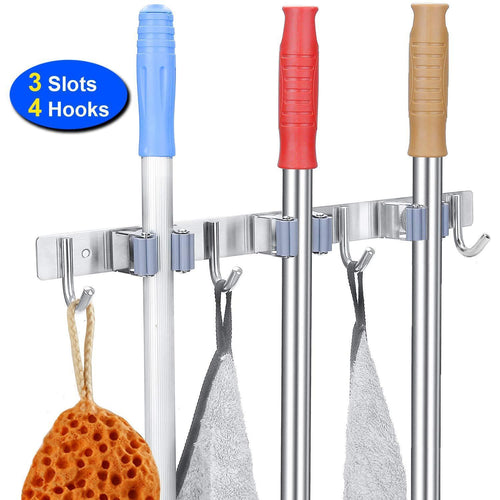 Mop Broom Holder Wall Mounted 3 Position 4 Hooks, Saving Space Storage Rack, Stainless Steel Tool Holder, Ideal Utility Racks for Room,Kitchen,Bathroom,Garden,Garage,Offices,Light Grey