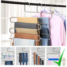 Load image into Gallery viewer, Storage organizer 4 pack s type hanger for clothing closet storage stainless steel pants hangers with 5 layers multi purpose loveyal limited space storage rack for trousers towels scarfs ties jeans 4