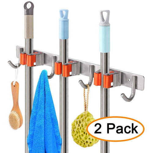 YUMORE Broom Mop Holder, Pack of 2, Stainless Steel Heavy Duty Organizer for Garden and Cleaning Tools, Screw and Adhesive Installation, Easy Install Space Saving