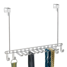 Load image into Gallery viewer, Top rated mdesign metal over door hanging closet storage organizer rack for mens and womens ties belts slim scarves accessories jewelry 4 hooks and 10 vertical arms on each 2 pack chrome 1
