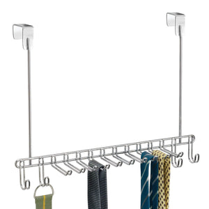 Top rated mdesign metal over door hanging closet storage organizer rack for mens and womens ties belts slim scarves accessories jewelry 4 hooks and 10 vertical arms on each 2 pack chrome 1