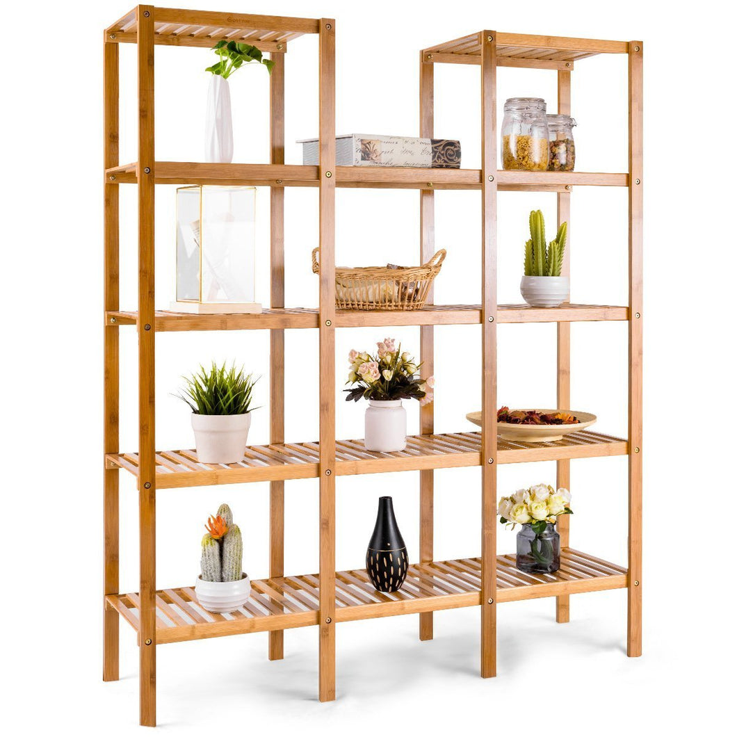 Featured costway bamboo utility shelf bathroom rack plant display stand 5 tier storage organizer rack cube w several cell closet storage cabinet 12 pots