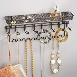 Great mdesign decorative metal closet wall mount jewelry accessory organizer for storage of necklaces bracelets rings earrings sunglasses wallets 8 large 11 small hooks 1 basket bronze