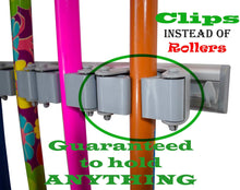 Load image into Gallery viewer, Shop here not yet another mop broom holder clips hold everything better than rollers 4 sliding grippers and 4 hooks wall mount on aluminum rack by 2 screws only tools organizer for garden garage or closet