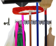 Load image into Gallery viewer, Save on not yet another mop broom holder clips hold everything better than rollers 4 sliding grippers and 4 hooks wall mount on aluminum rack by 2 screws only tools organizer for garden garage or closet