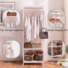 Load image into Gallery viewer, Kitchen free standing armoire wardrobe closet with full length mirror 67 tall wooden closet storage wardrobe with brake wheels hanger rod coat hooks entryway storage shelves organizer ivory white