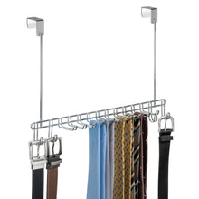 Load image into Gallery viewer, Top mdesign metal over door hanging closet storage organizer rack for mens and womens ties belts slim scarves accessories jewelry 4 hooks and 10 vertical arms on each 2 pack chrome 1