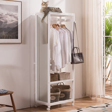 Load image into Gallery viewer, Latest free standing armoire wardrobe closet with full length mirror 67 tall wooden closet storage wardrobe with brake wheels hanger rod coat hooks entryway storage shelves organizer ivory white
