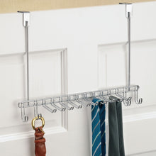Load image into Gallery viewer, The best mdesign metal over door hanging closet storage organizer rack for mens and womens ties belts slim scarves accessories jewelry 4 hooks and 10 vertical arms on each 2 pack chrome 1