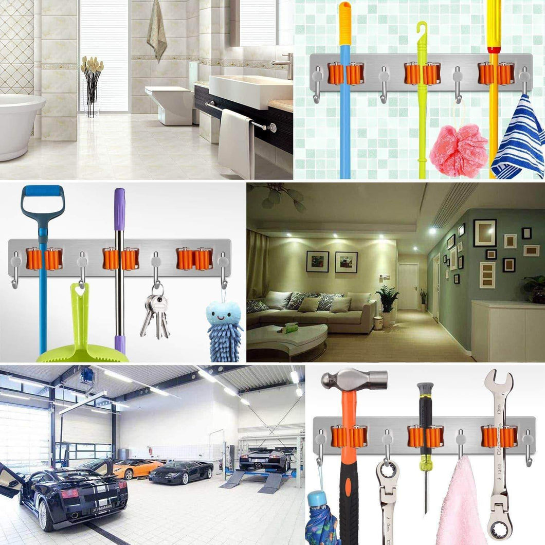 Broom and Mop Holder with Storage Hooks Wall Mounted No Drill 3m Self Adhesive Tool Organizer Stainless-Steel Base Anti Slip Silicone Handle Gripper for Home, Kitchen, Garden, Garage Storage Systems
