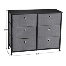 Load image into Gallery viewer, Heavy duty songmics 3 tier wide dresser storage unit with 6 easy pull fabric drawers metal frame and wooden tabletop for closet nursery hallway 31 5 x 11 8 x 24 8 inches gray ults23g