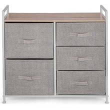 Load image into Gallery viewer, Amazon best happybuy 5 drawer storage organizer unit with fabric bins bedroom play room entryway hallway closets steel frame mdf top dresser storage tower fabric cube dresser chest cabinet beige tall
