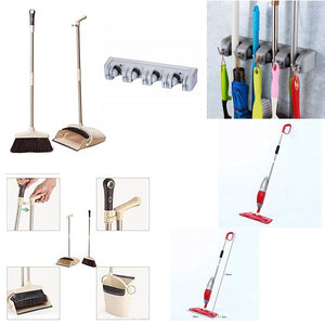 Cleaning Combo- Spray Mop, Broom DustPan Set, 4 Slot Wall Mount Holder With Hooks