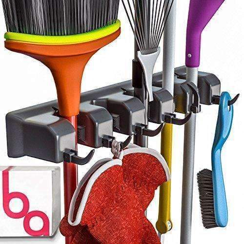 Berry Ave Broom Holder And Garden Tool Organizer For Rake Or Mop Handles Up To 1.25-Inches, Remove Clutter From Bathroom And Laundry Room, Closet And Garage Organization System (Black)